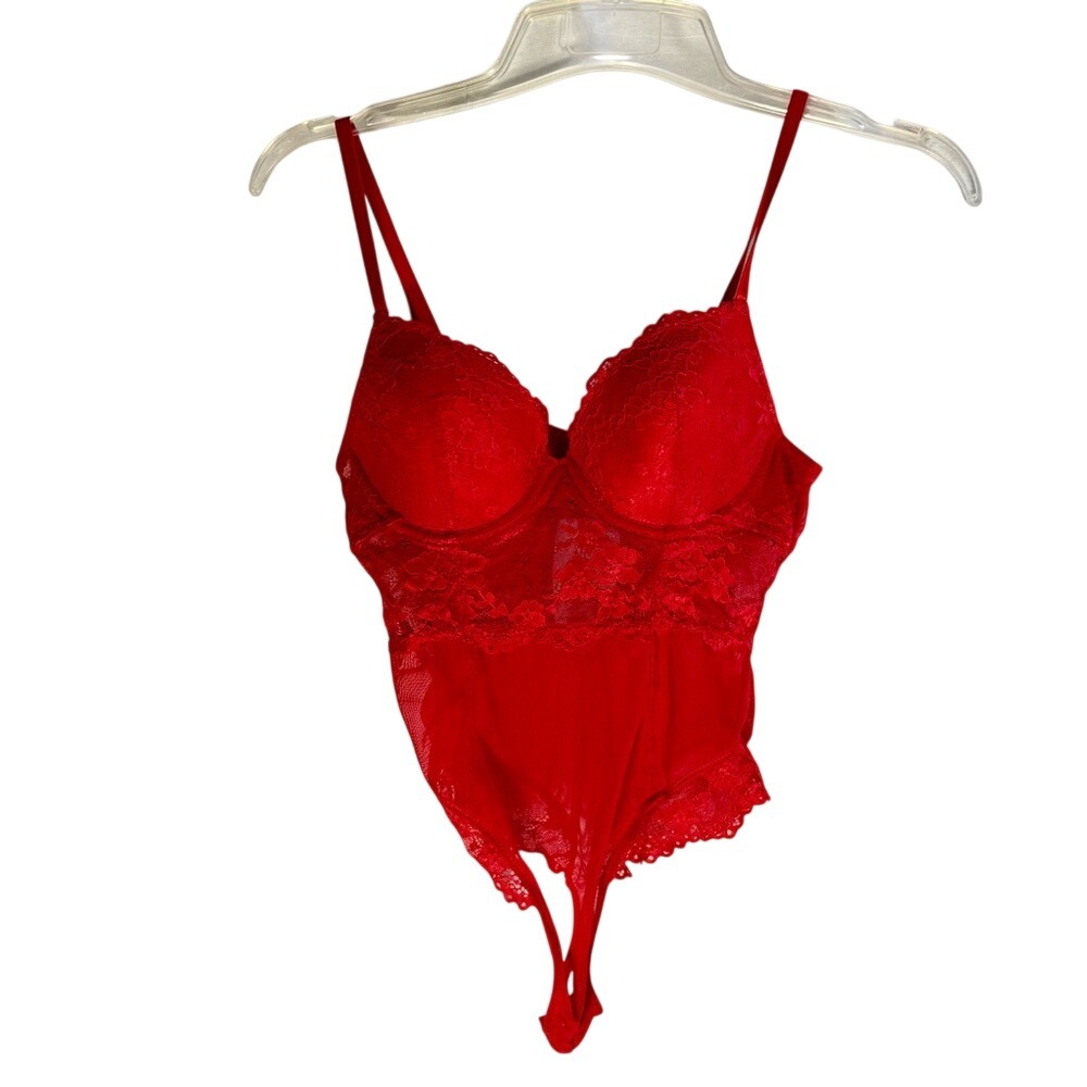 Jessica Simpson Red Lace Teddy Bodysuit Thong Back Adjustable Straps S